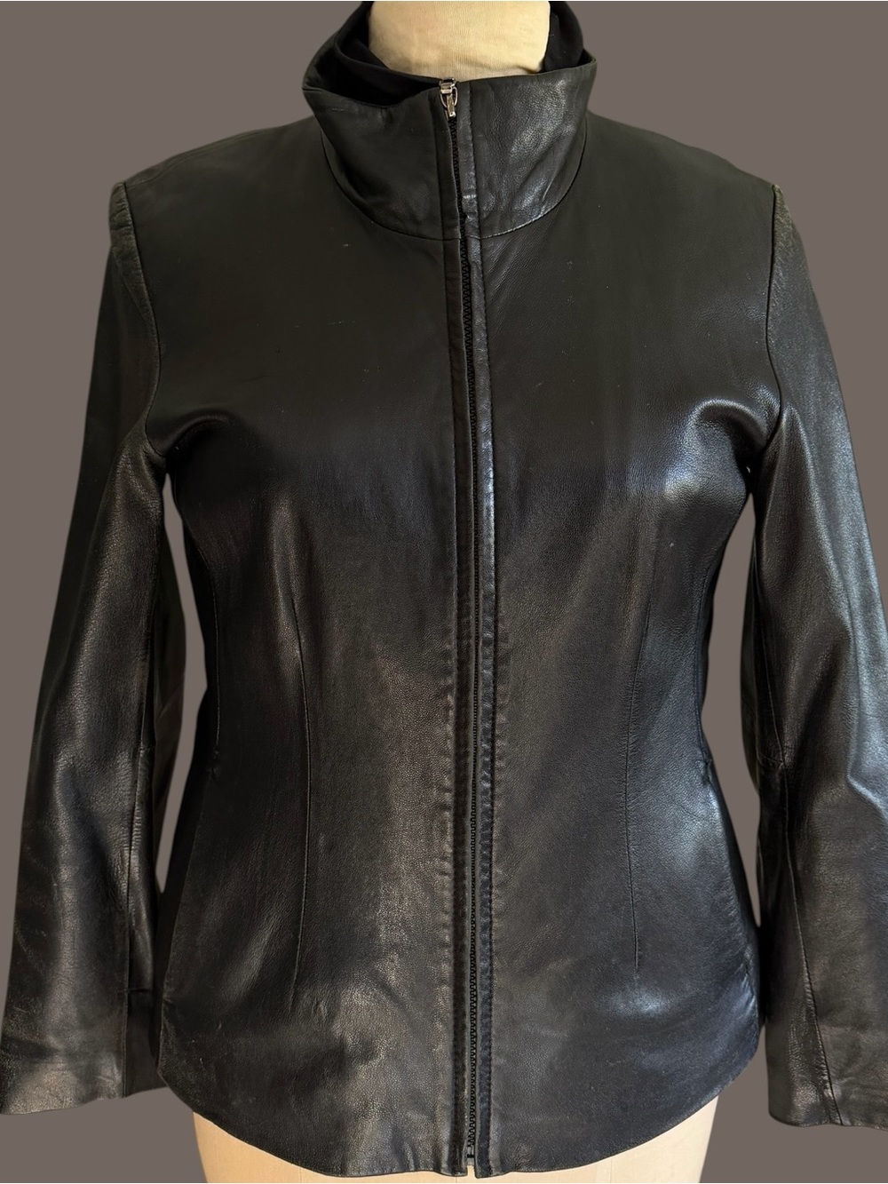 Vintage Mixit Black Leather Moto Jacket Medium Full Zip Mock Neck Minimalist M